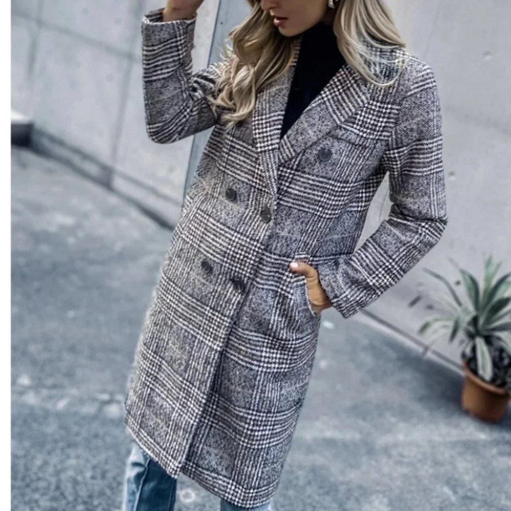 plaid Print Double Breasted Pea Overcoat jacket fall/winter - Picture 7 of 15